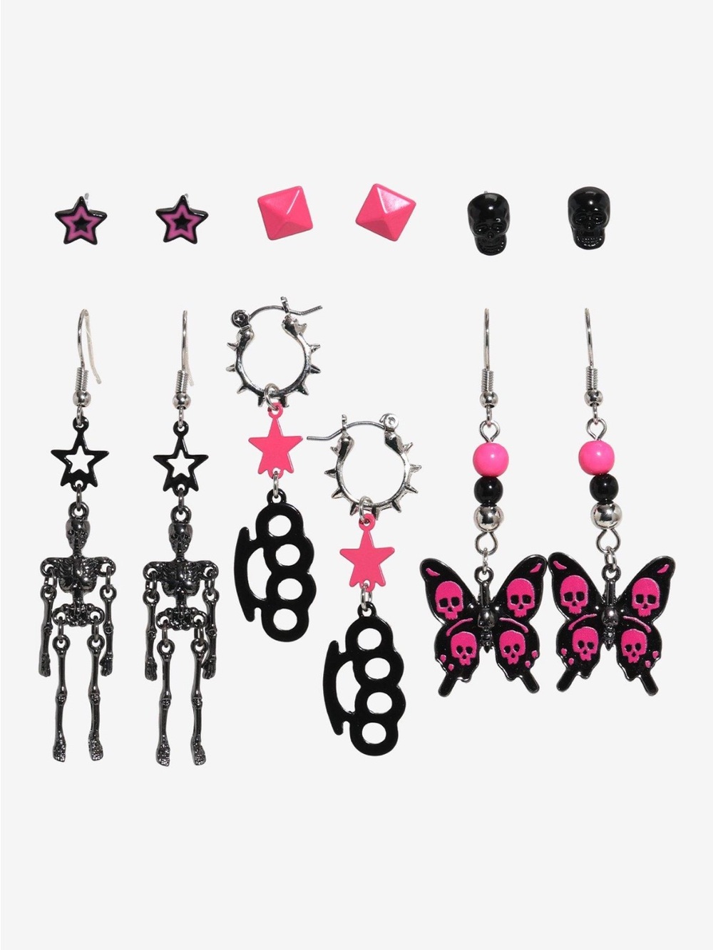 Edgy Pink & Black Skull, Star & Skeleton Earring Set
